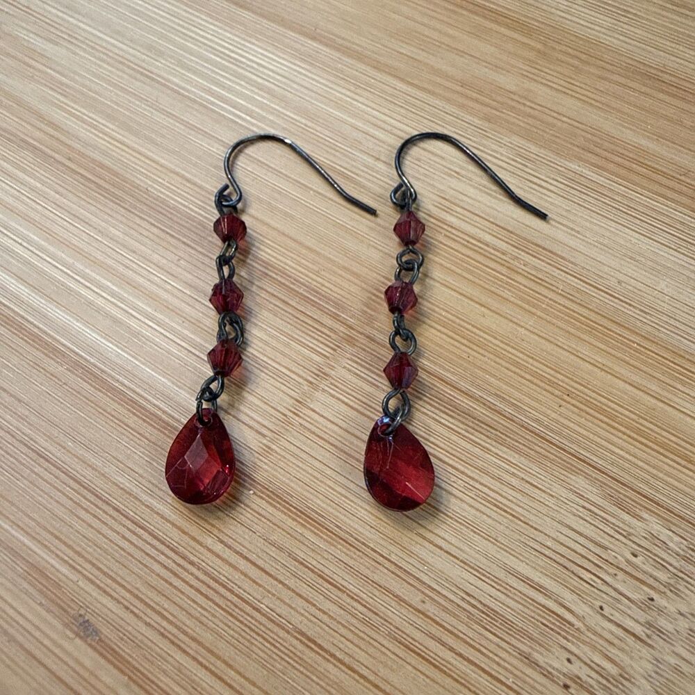 Vintage Delicate Red Beaded Dangle Drop Earrings Unbranded